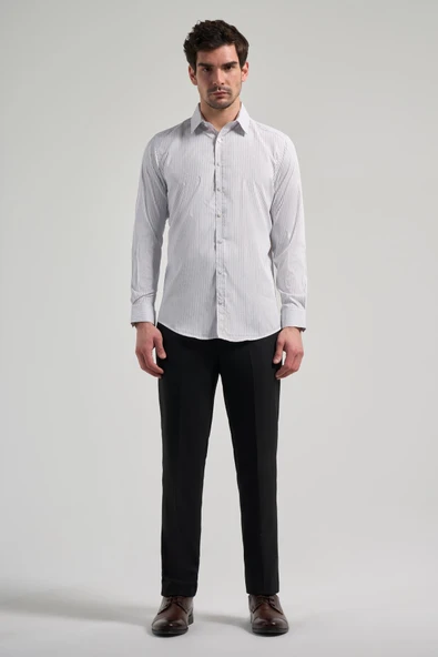 Beyaz Uzun Kol Desen Yarım İtalyan Yaka Cepsiz esnek Classic Slim Fit Gömlek 1004245220 - Resim 2