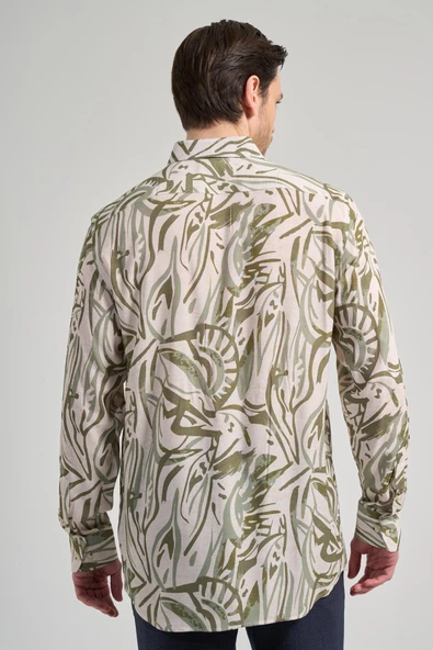 Koyu Haki Uzun Kol Baskılı Düğmeli Yaka Cepsiz Casual Slim Fit Gömlek 1004250138 - Resim 5