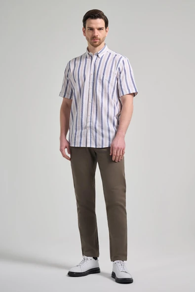 Kısa Kol Çizgili Desen Bez Ayağı Düğmeli Yaka cepli Pamuklu Casual Comfort Fit Gömlek 1004250167 - Resim 2