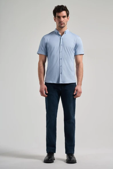 Koyu Mavi Uzun Kol Düz Örme Düğmeli Yaka Cepsiz Pamuklu Classic Slim Fit Gömlek 1004250152_300 - Resim 2