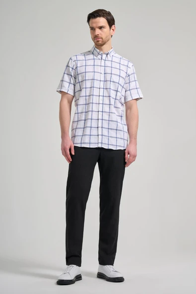 Kısa Kol Ekose Desen Armürlü Düğmeli Yaka cepli Pamuklu Classic Comfort Fit Gömlek 1004250166 - Resim 2