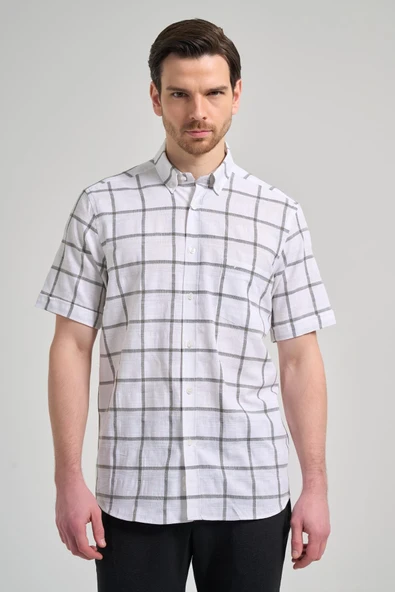 Kısa Kol Ekose Desen Armürlü Düğmeli Yaka cepli Pamuklu Classic Comfort Fit Gömlek 1004250166 ürün görseli