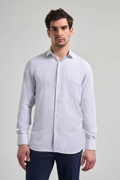 Uzun Kol Çizgili Desen Bez Ayağı İtalyan Yaka cepli Pamuklu Classic Comfort Fit Gömlek 1004250182