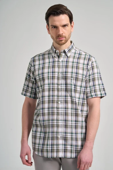 Kısa Kol Ekose Desen Bez Ayağı Düğmeli Yaka cepli %100 Pamuk Classic Comfort Fit Gömlek 1004250164 - Resim 3