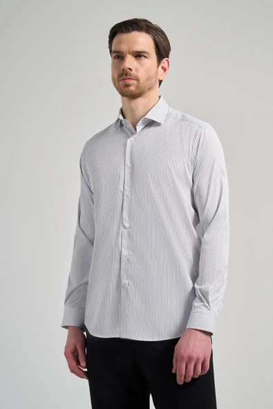 Uzun Kol Çizgili Desen Bez Ayağı İtalyan Yaka Cepsiz Esnek Classic Slim Fit Gömlek 1004250201 - Resim 3