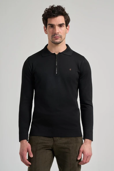 Siyah Polo Yaka Düz Casual Pamuklu Slim Fit Triko 1012245250 ürün görseli