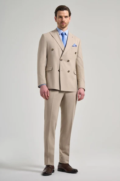 Koyu Krem Düz Bez Ayağı Kruvaze Esnek 6 Drop Slim Fit Classic Takım Elbise 1001250108_653