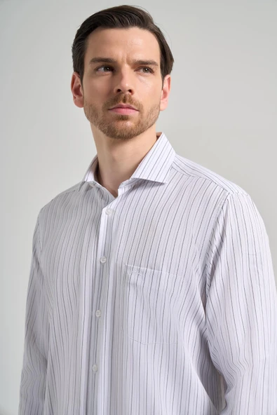 Uzun Kol Çizgili Desen Bez Ayağı İtalyan Yaka cepli Pamuklu Classic Comfort Fit Gömlek 1004250182 - Resim 4