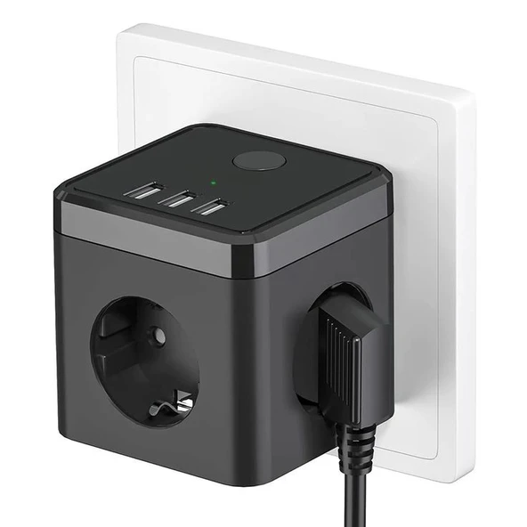Isıya Dayanıklı Termal, Akım Korumalı 16A 4000W, 3xUSB, 2.1 A, 3 Priz, Çocuk Korumalı Çoklu Küp Priz - 7
