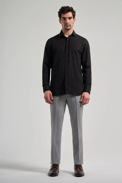 Siyah Sert Yaka Düz Classic Pamuklu Comfort Fit Gömlek 1004250213 - Resim 2
