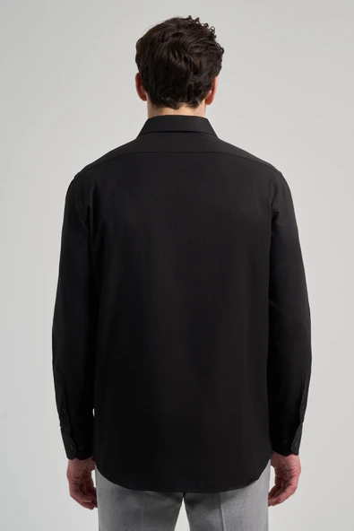 Siyah Sert Yaka Düz Classic Pamuklu Comfort Fit Gömlek 1004250213 - Resim 5