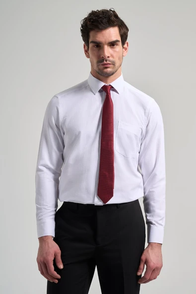 Beyaz Sert Yaka Düz Classic Pamuklu Comfort Fit Gömlek 1004250213