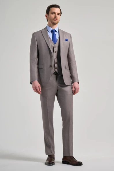 Koyu Vizon Kendinden Desenli 2 Düğme Classic Esnek Slim Fit Takım Elbise 1001250157
