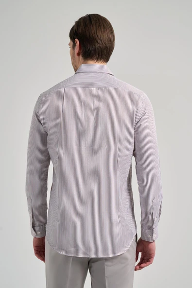 Uzun Kol Çizgili Desen Bez Ayağı İtalyan Yaka Cepsiz Pamuklu Classic Slim Fit Gömlek 1004250180 - 5
