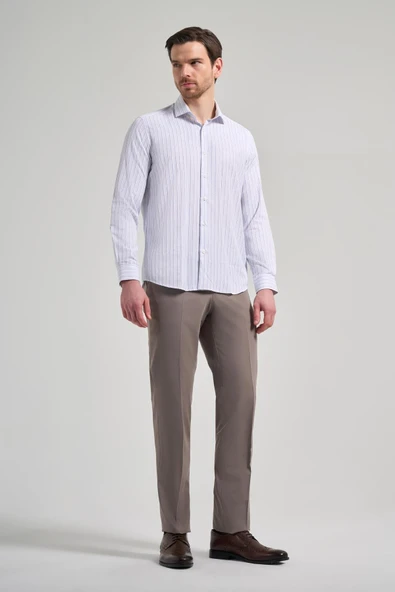 Uzun Kol Çizgili Desen Bez Ayağı İtalyan Yaka Cepsiz Pamuklu Classic Slim Fit Gömlek 1004250181 - Resim 2