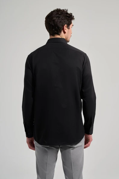 Uzun Kol Desenli Armürlü Sert Yaka cepli Pamuklu Classic Comfort Fit Gömlek 1004250171 - Resim 5