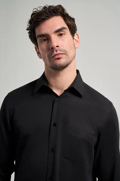 Uzun Kol Desenli Armürlü Sert Yaka cepli Pamuklu Classic Comfort Fit Gömlek 1004250171 - Resim 4