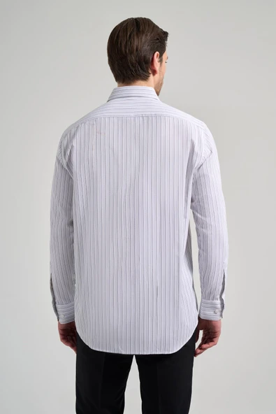 Uzun Kol Çizgili Desen Bez Ayağı İtalyan Yaka cepli Pamuklu Classic Comfort Fit Gömlek 1004250182 - Resim 5