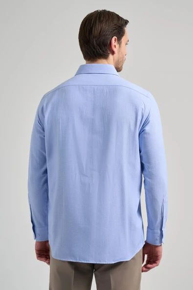 Mavi Sert Yaka Düz Classic Pamuklu Comfort Fit Gömlek 1004250213 - Resim 5