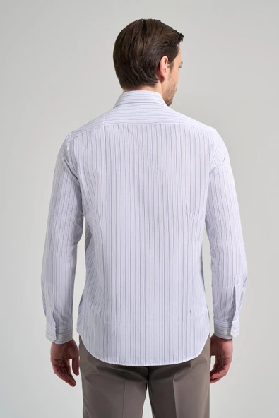 Uzun Kol Çizgili Desen Bez Ayağı İtalyan Yaka Cepsiz Pamuklu Classic Slim Fit Gömlek 1004250181 - Resim 5