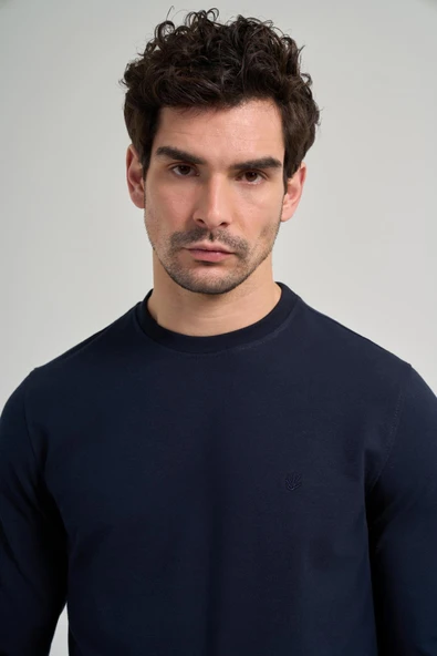 Koyu Lacivert Uzun Kol Düz Örme Bisiklet Yaka Cepsiz Pamuklu Sweatshirt - Resim 4