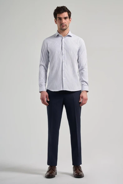 Uzun Kol Çizgili Desen Bez Ayağı İtalyan Yaka Cepsiz Esnek Classic Slim Fit Gömlek 1004250201 - Resim 2
