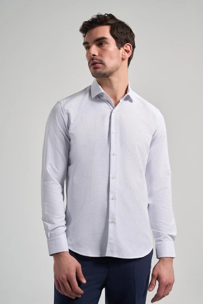 Uzun Kol Desenli Armürlü İtalyan Yaka Cepsiz Pamuklu Classic Slim Fit Gömlek 1004250196 - Resim 3
