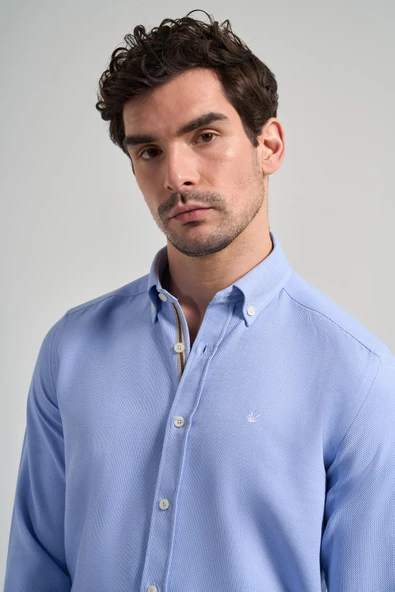 Uzun Kol Desenli Armürlü Düğmeli Yaka Cepsiz Pamuklu Casual Slim Fit Gömlek 1004250206 - Resim 4