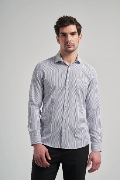 Uzun Kol Çizgili Desen Bez Ayağı İtalyan Yaka Cepsiz Pamuklu Classic Slim Fit Gömlek 1004250180