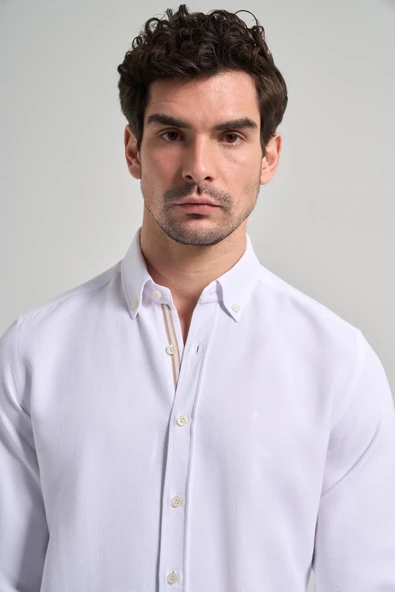 Uzun Kol Desenli Armürlü Düğmeli Yaka Cepsiz Pamuklu Casual Slim Fit Gömlek 1004250206 - 4