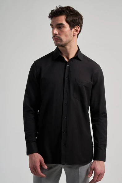 Siyah Sert Yaka Düz Classic Pamuklu Comfort Fit Gömlek 1004250213 - Resim 3