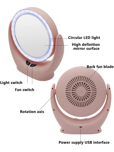 Naturalove Natura Love Fanlı 3 Farklı LED Işıklı Makyaj Aynası,360 Derece Şarj Edilebilir Pembe - 4