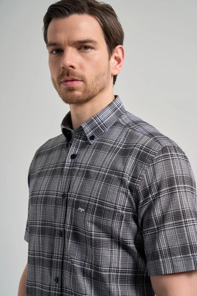 Kısa Kol Ekose Desen Bez Ayağı Düğmeli Yaka cepli Pamuklu Classic Comfort Fit Gömlek 1004250162 - Resim 4