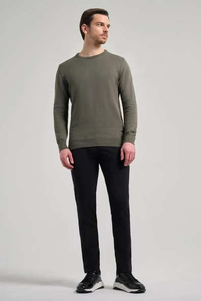 Koyu Yeşil Uzun Kol Düz Örme Bisiklet Yaka Classic Comfort Fit Triko 1012245006 - 2