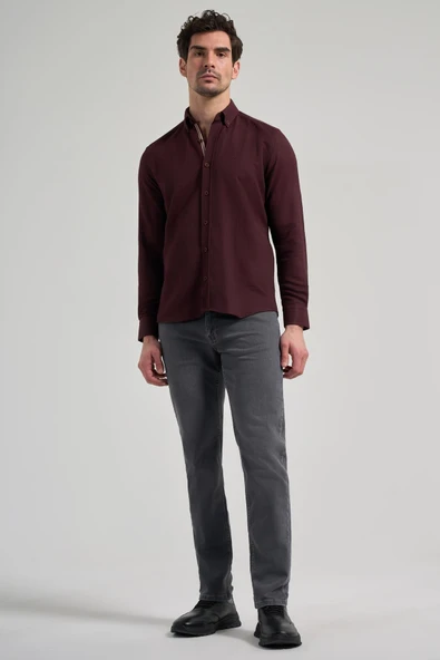 Uzun Kol Desenli Armürlü Düğmeli Yaka Cepsiz Pamuklu Casual Slim Fit Gömlek 1004250206 - Resim 3