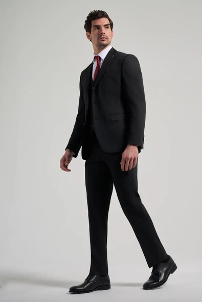 Siyah Kendinden Desenli 2 Düğme Classic Esnek Slim Fit Takım Elbise 1001250156