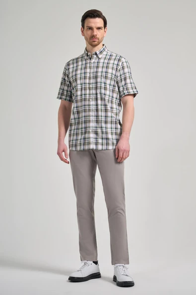 Kısa Kol Ekose Desen Bez Ayağı Düğmeli Yaka cepli %100 Pamuk Classic Comfort Fit Gömlek 1004250164 - Resim 2