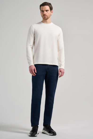 Açık Krem Uzun Kol Düz Örme Bisiklet Yaka Cepsiz Pamuklu Sweatshirt - Resim 2