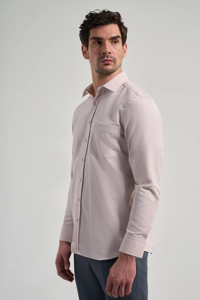 Bej Sert Yaka Düz Classic Pamuklu Comfort Fit Gömlek 1004250213 - Resim 3