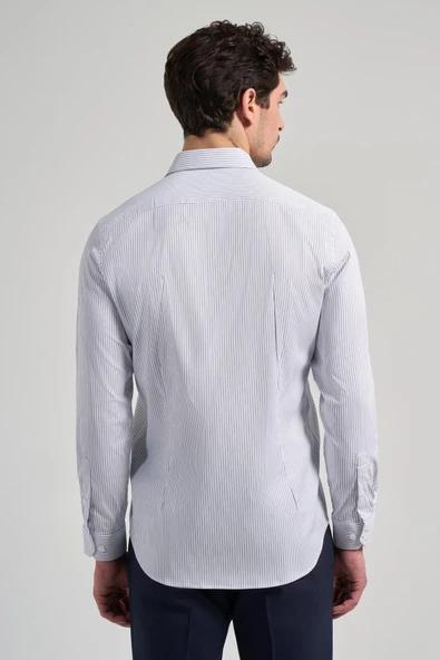 Uzun Kol Çizgili Desen Bez Ayağı İtalyan Yaka Cepsiz Esnek Classic Slim Fit Gömlek 1004250201 - Resim 5