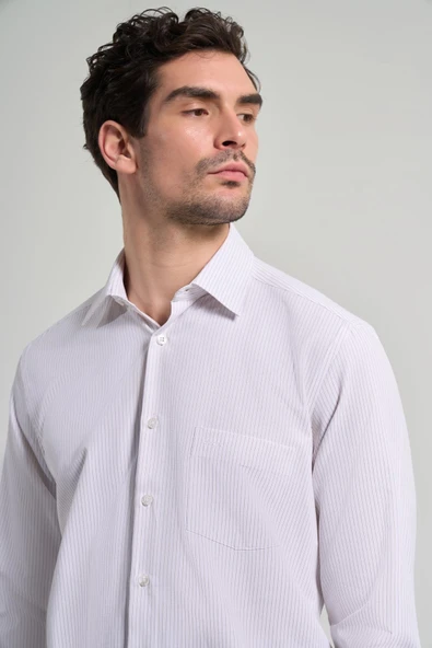 Uzun Kol Çizgili Desen Bez Ayağı Sert Yaka cepli Pamuklu Classic Comfort Fit Gömlek 1004250172 - Resim 4