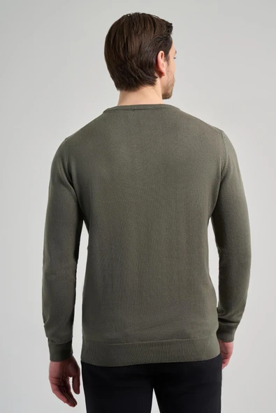 Koyu Yeşil Uzun Kol Düz Örme Bisiklet Yaka Classic Comfort Fit Triko 1012245006 - 5