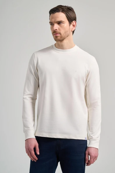 Açık Krem Uzun Kol Düz Örme Bisiklet Yaka Cepsiz Pamuklu Sweatshirt - Resim 3