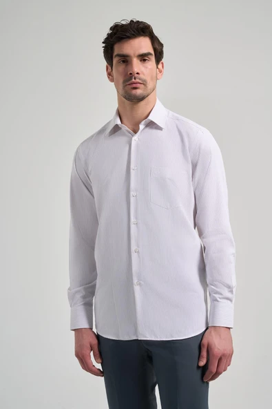 Uzun Kol Çizgili Desen Bez Ayağı Sert Yaka cepli Pamuklu Classic Comfort Fit Gömlek 1004250172