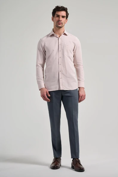 Bej Sert Yaka Düz Classic Pamuklu Comfort Fit Gömlek 1004250213 - Resim 2