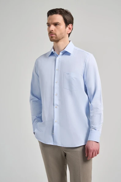 Uzun Kol Desenli Armürlü Sert Yaka cepli Pamuklu Classic Comfort Fit Gömlek 1004250171 - Resim 3