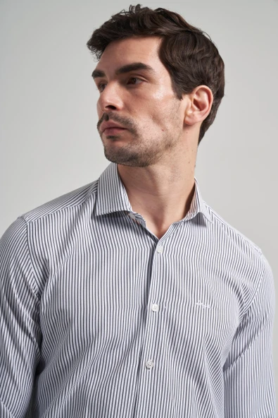 Uzun Kol Çizgili Desen Bez Ayağı İtalyan Yaka Cepsiz Pamuklu Classic Slim Fit Gömlek 1004250180 - Resim 3