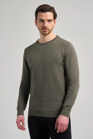 Koyu Yeşil Uzun Kol Düz Örme Bisiklet Yaka Classic Comfort Fit Triko 1012245006 - 3