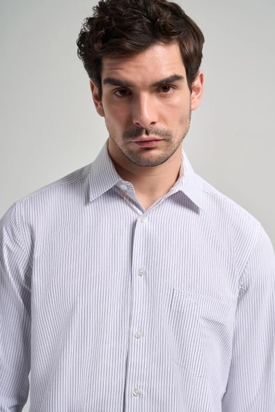 Uzun Kol Çizgili Desen Bez Ayağı Sert Yaka cepli Pamuklu Classic Comfort Fit Gömlek 1004250172 - Resim 4