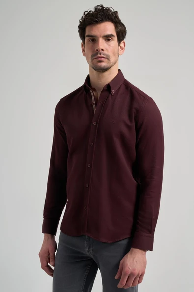 Uzun Kol Desenli Armürlü Düğmeli Yaka Cepsiz Pamuklu Casual Slim Fit Gömlek 1004250206 - Resim 2